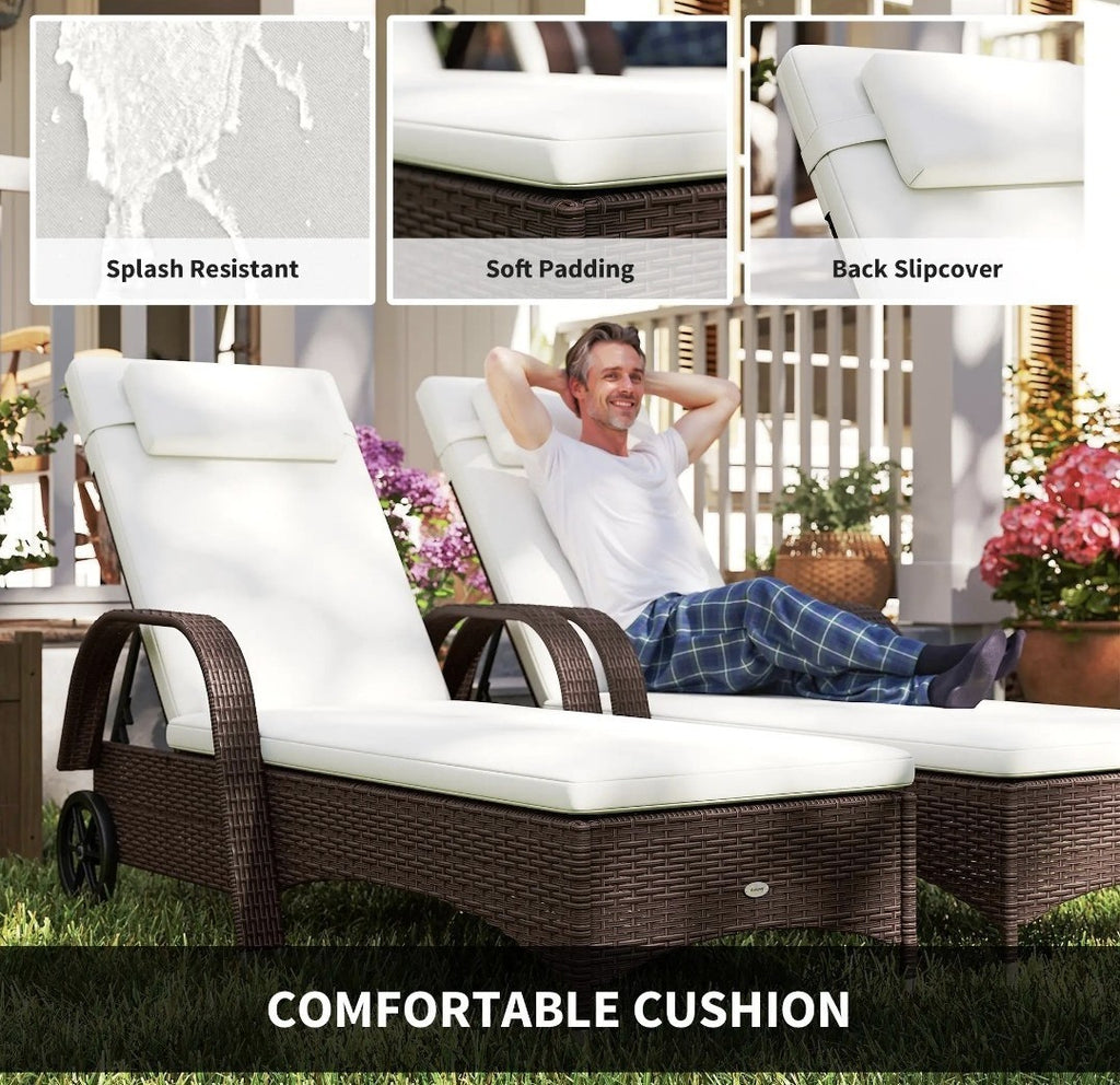 2x Rattan Sun Loungers with Adjustable Back, Wheels, Cushions, Headrest & Table