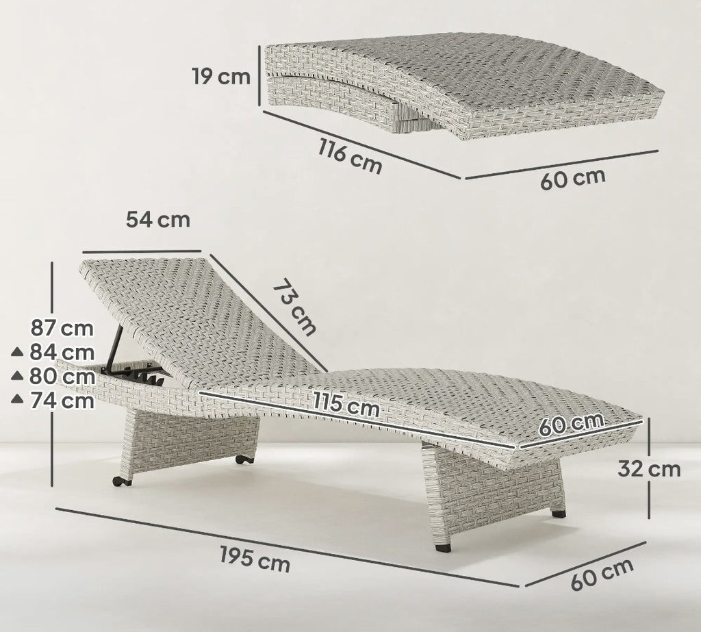 PE Rattan Sun Lounger – Grey | 4-Level Adjustable Recliner