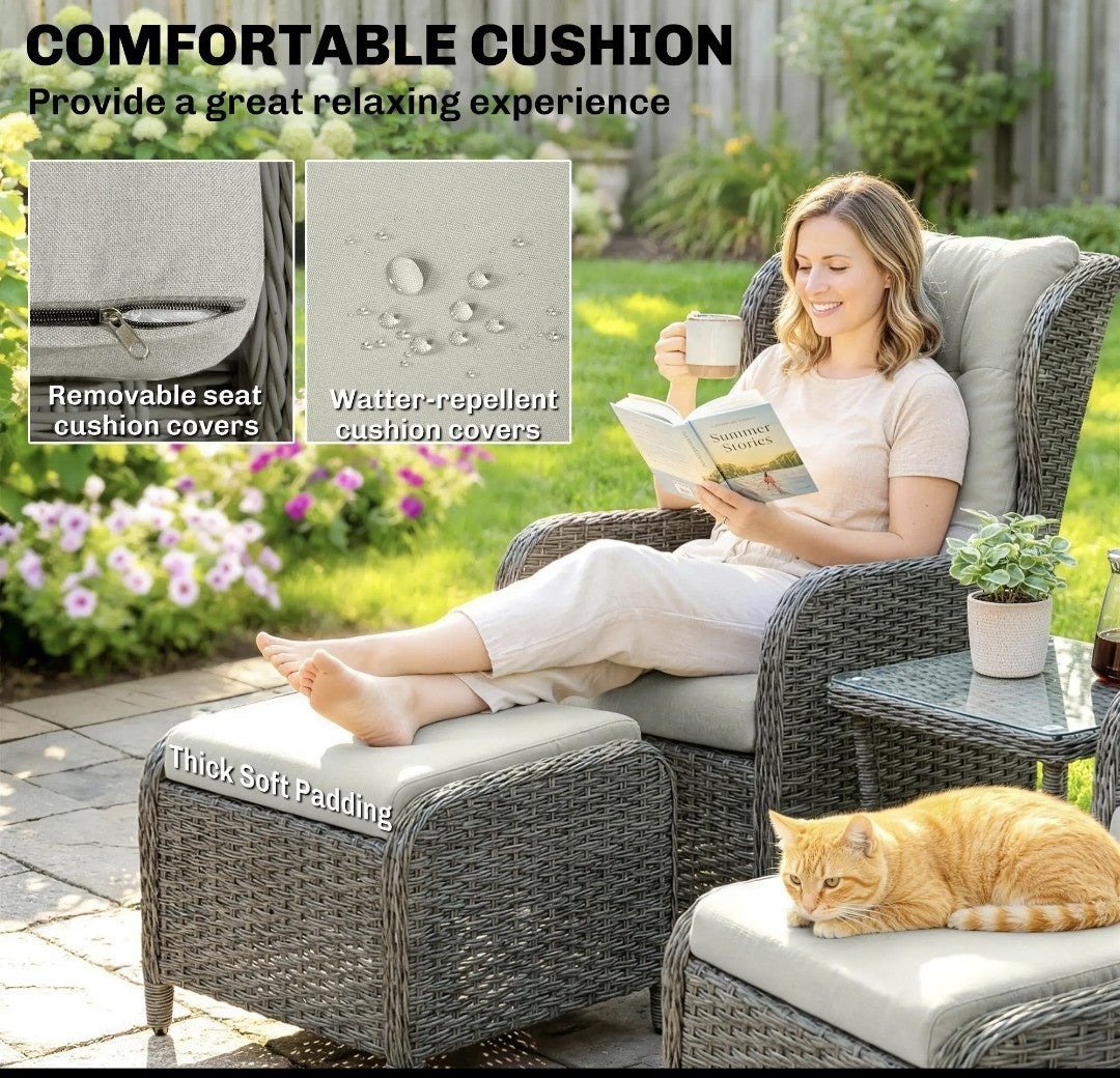5-Piece Rattan Garden Set | Reclining Chairs, Footstools & Cushions, Grey