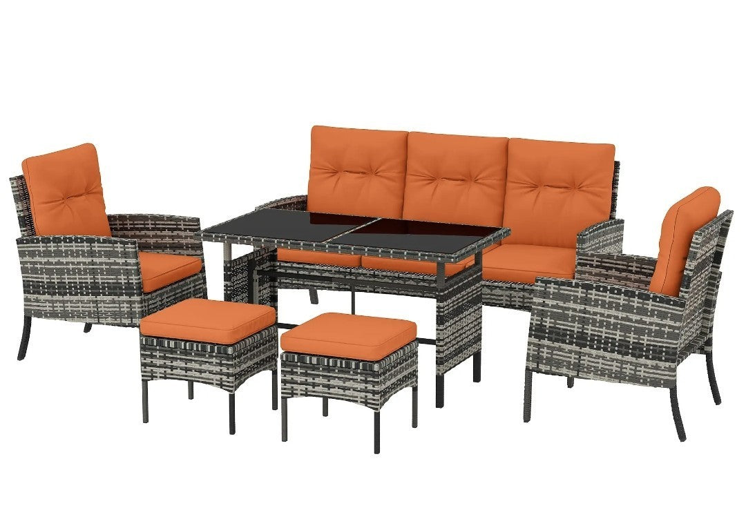 5-Seater Rattan Garden Sofa Set | 2 Armchairs & 3-Seater Wicker Sofa – Grey & Orange