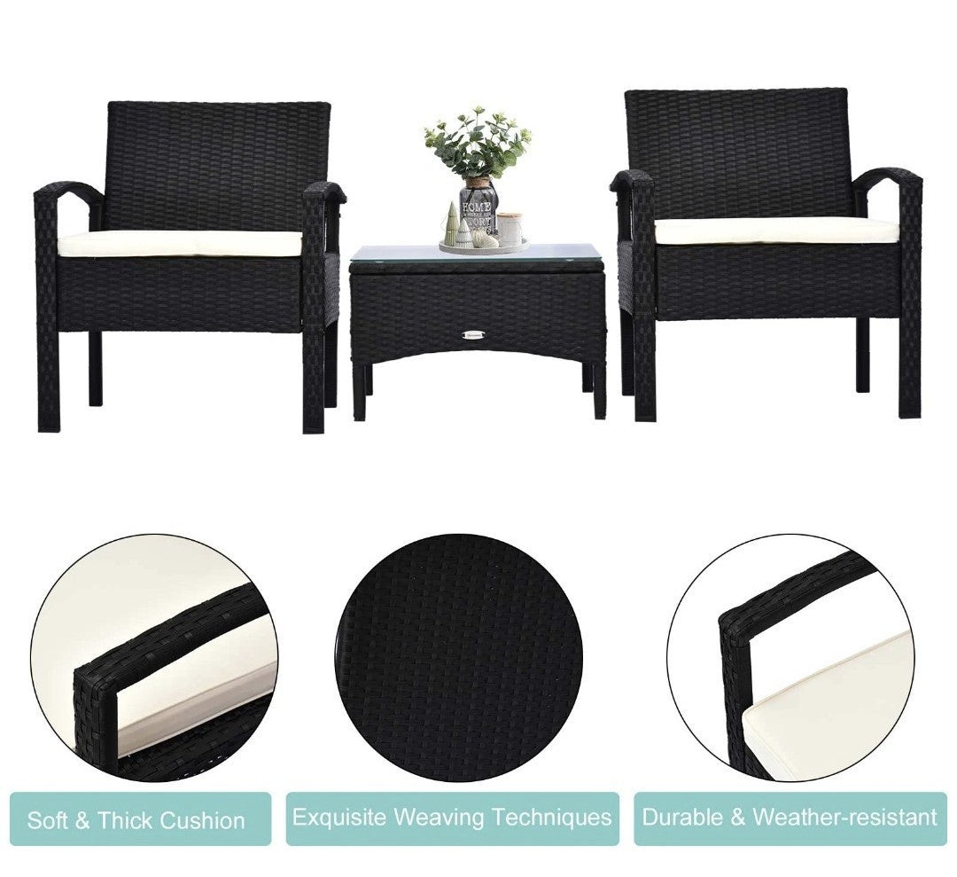 2-Seater Rattan Bistro Set with Table & Cushions | Black