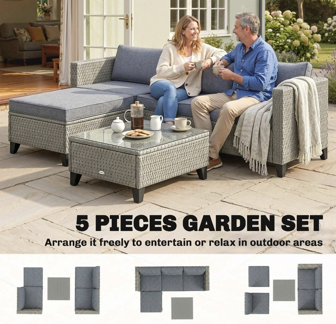 5-Piece Rattan Corner Sofa Set with Coffee Table – Dark Grey