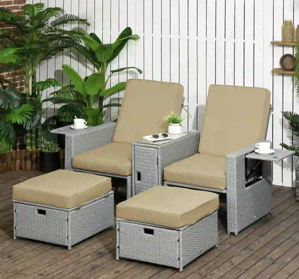 5-Piece PE Rattan Garden Sofa Set | Wicker Outdoor Furniture with Cushions | Khaki