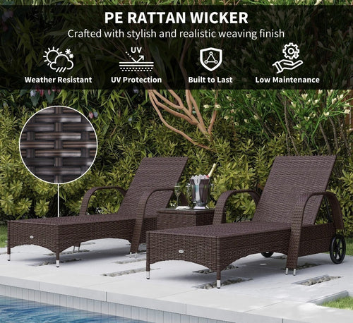 2x Rattan Sun Loungers with Adjustable Back, Wheels, Cushions, Headrest & Table