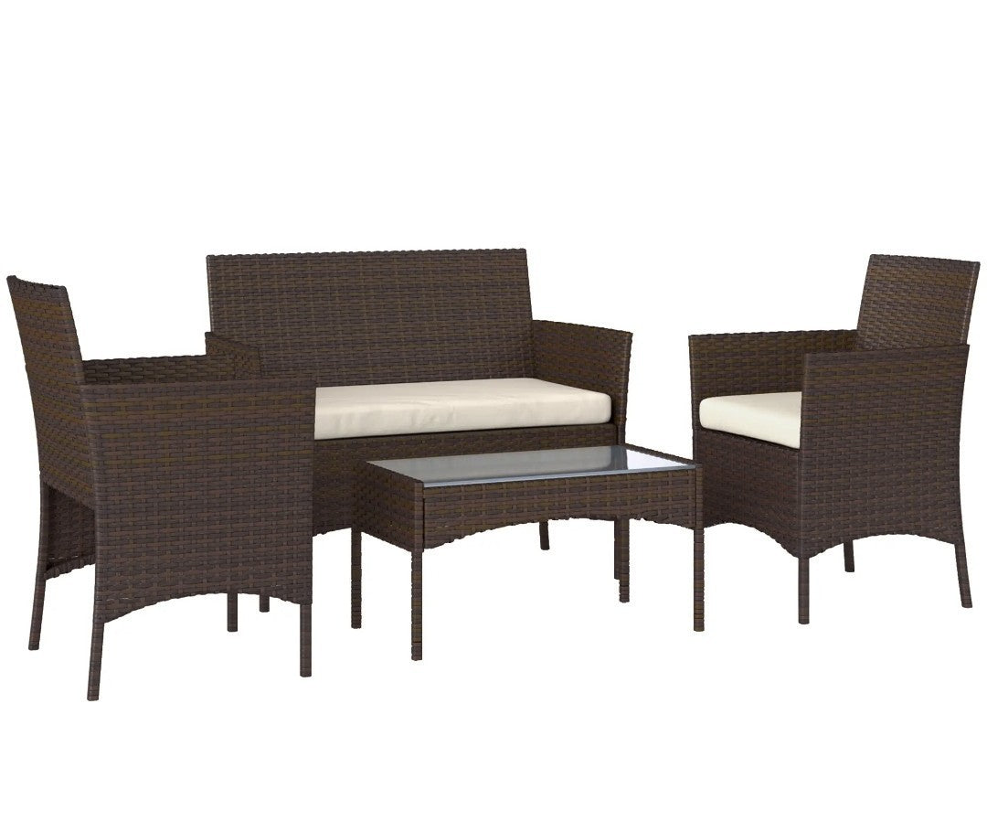 4-Piece Rattan Garden Sofa Set with Beige Cushions | Brown PE Rattan