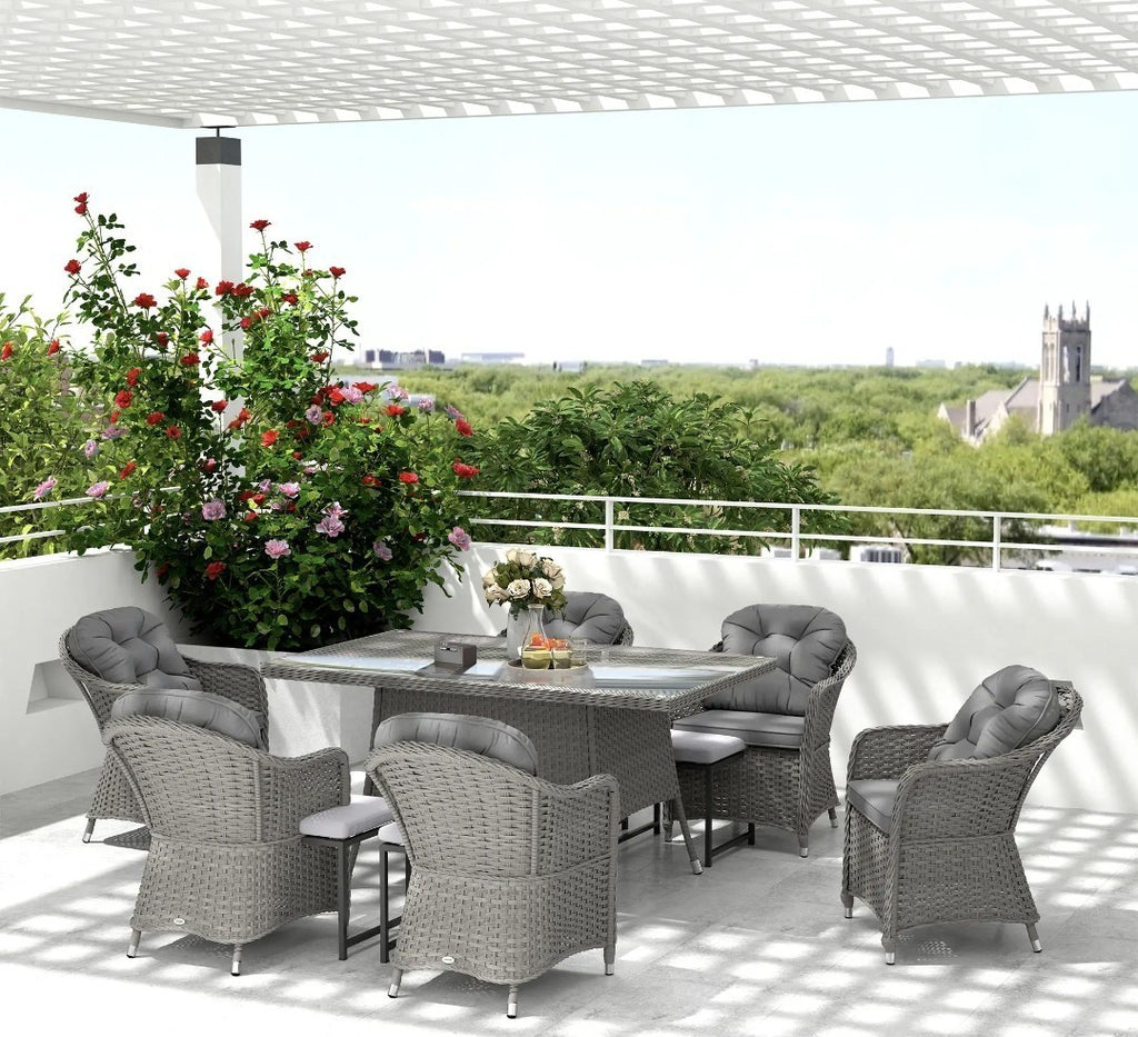 7-Piece Rattan Garden Dining Set with Glass Table – Light Grey