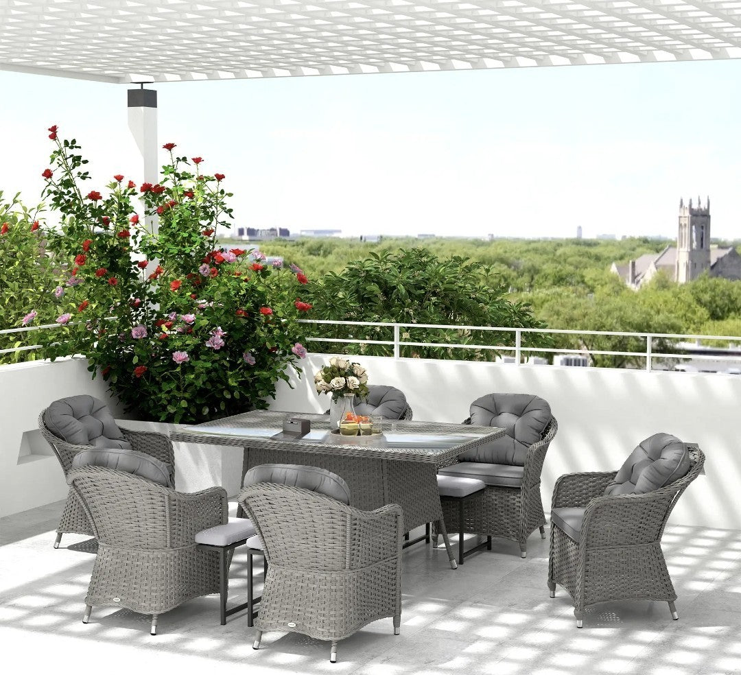 7-Piece Rattan Garden Dining Set with Glass Table – Light Grey