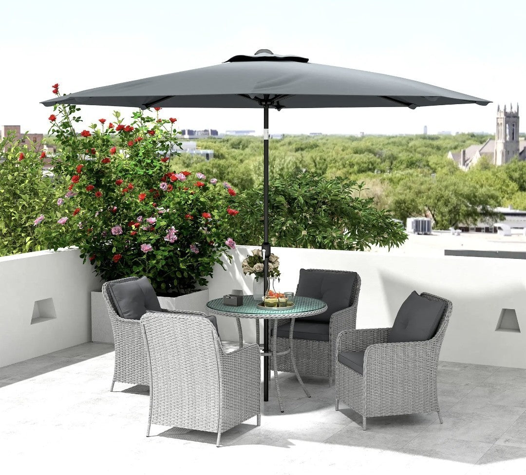 4-Seater Rattan Dining Set with Parasol & Cushions – Light Grey