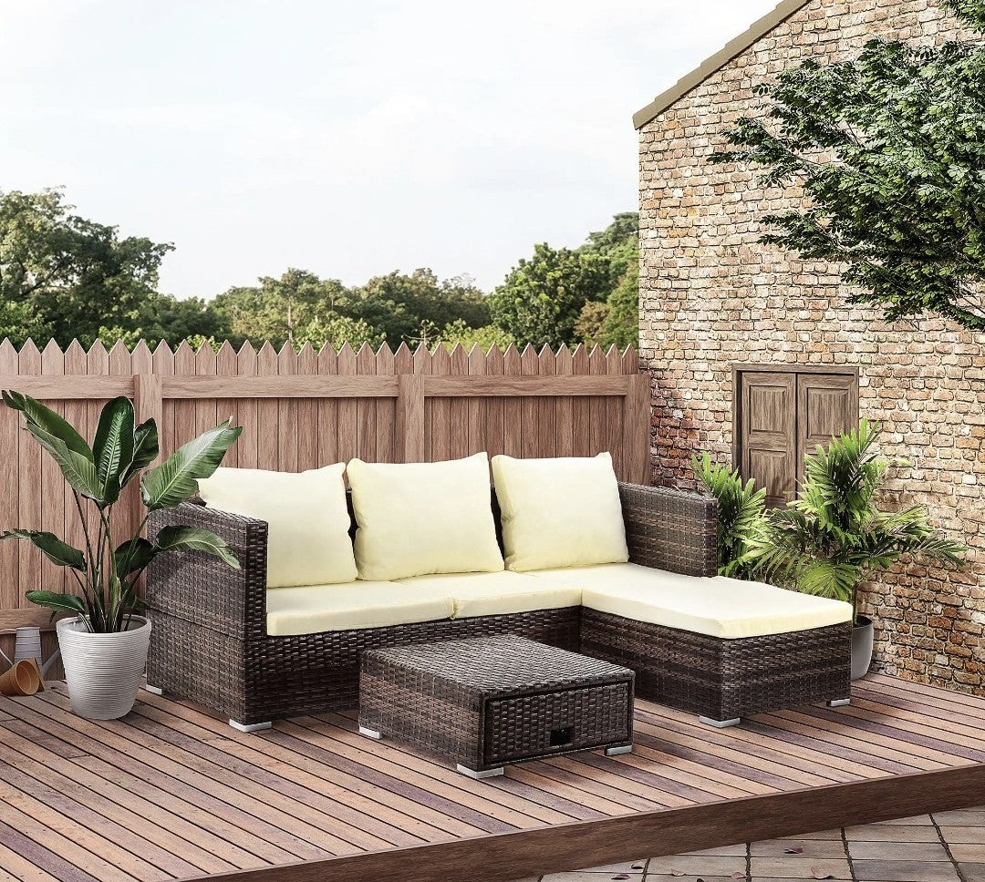 3-Piece Garden Sofa Set with Reclining Sofa & Storage Coffee Table – Brown | FSC Certified