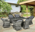 7-Piece Rattan Garden Dining Set – Grey | 6-Seater with Tempered Glass & Parasol Hole