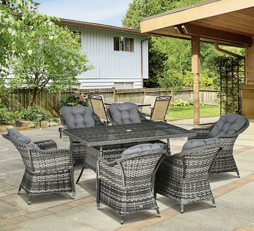 7-Piece Rattan Garden Dining Set – Grey | 6-Seater with Tempered Glass & Parasol Hole