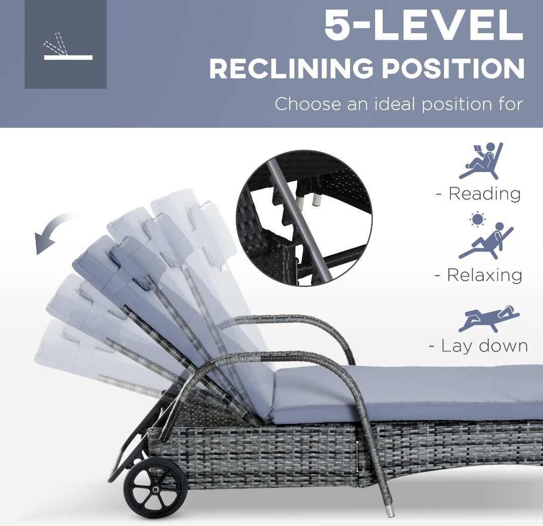 3-Piece PE Rattan Sun Lounger Set – Grey | Wheeled Recliner with Cushions