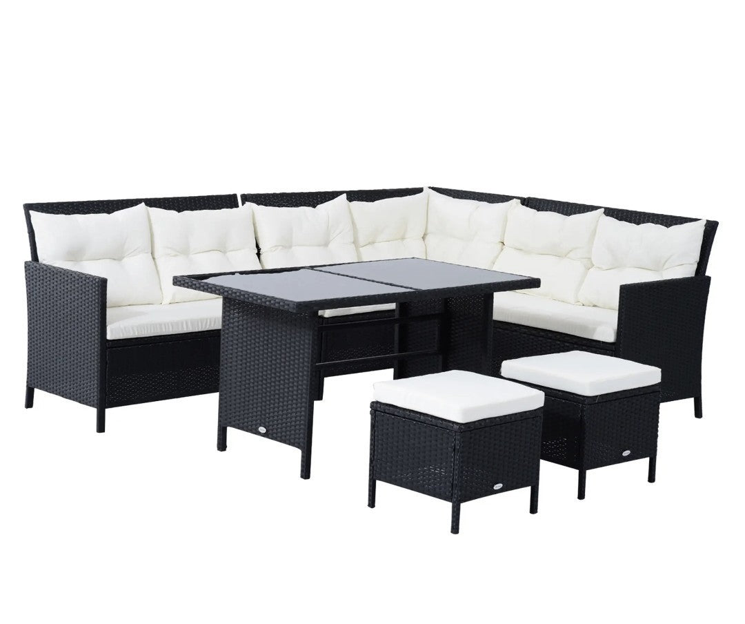 8-Seater Rattan Corner Garden Furniture Set with Table & Cushions | Black