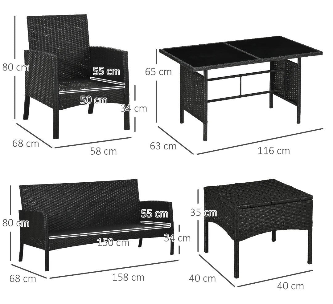 5-Seater Rattan Garden Sofa Set | 2 Armchairs & 3-Seater Wicker Sofa – Black & Cream
