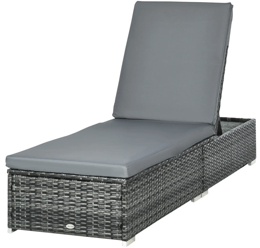 PE Rattan Sun Lounger – Light Grey | 5-Position Adjustable Recliner with Cushion