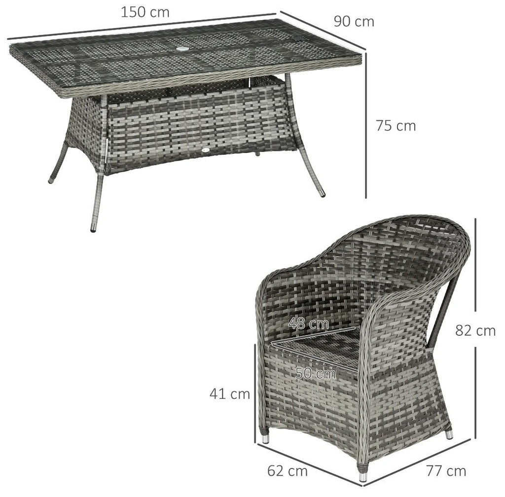 7-Piece Rattan Garden Dining Set with Glass Table & Parasol Hole – Grey