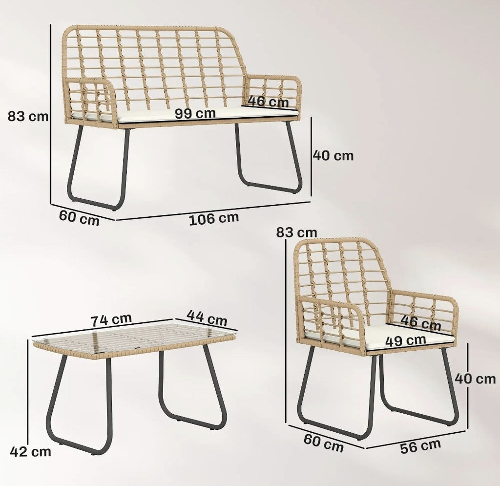 4-Piece Rattan Garden Set | Loveseat, Armchairs & Coffee Table | Natural Wood
