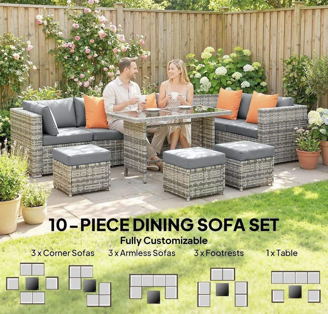 10-Piece Rattan Garden Furniture Set | 3 Corner Sofas, 3 Chairs, 3 Stools & Table – Grey & Orange