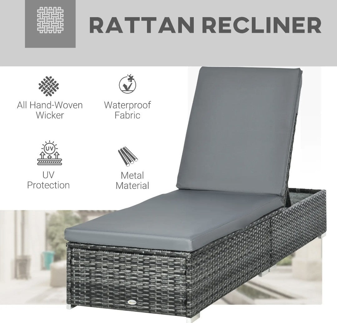 PE Rattan Sun Lounger – Light Grey | 5-Position Adjustable Recliner with Cushion