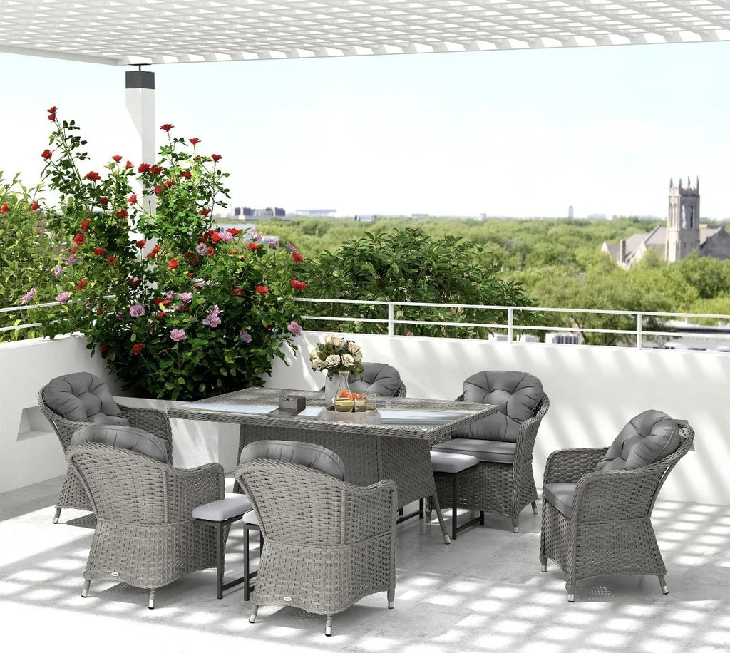 7-Piece Rattan Garden Dining Set – Light Grey | 6-Seater with Tempered Glass & Parasol Hole