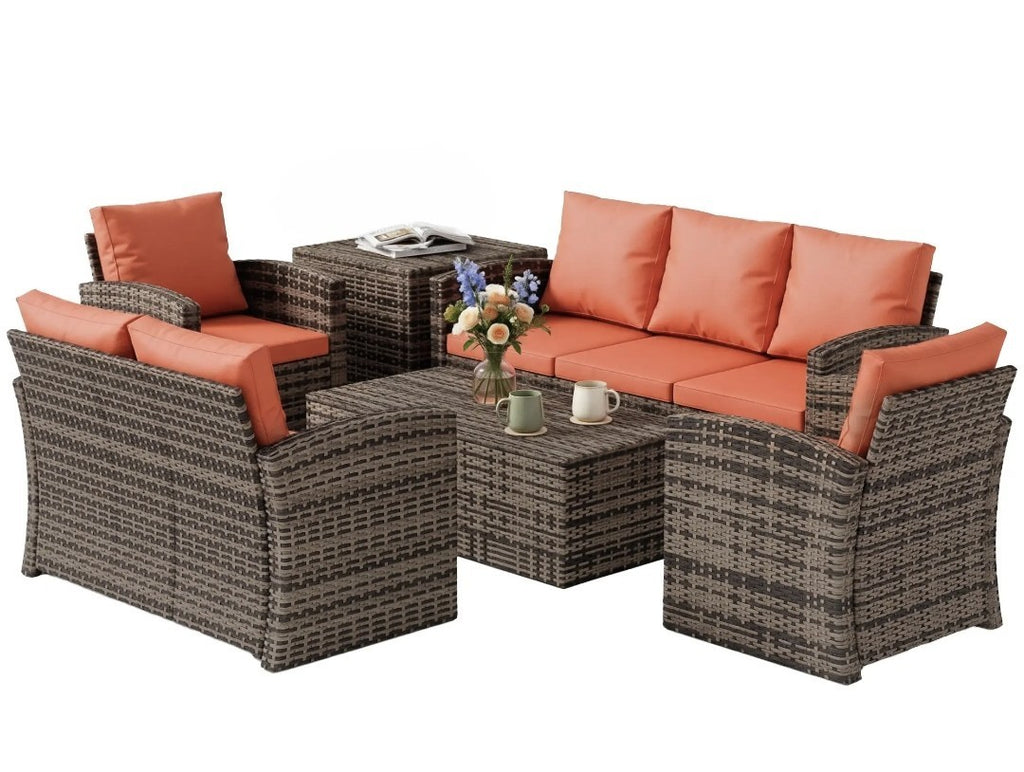 7-Seater Rattan Garden Sofa Set | 6-Piece Outdoor Furniture with Storage Tables – Brown & Orange