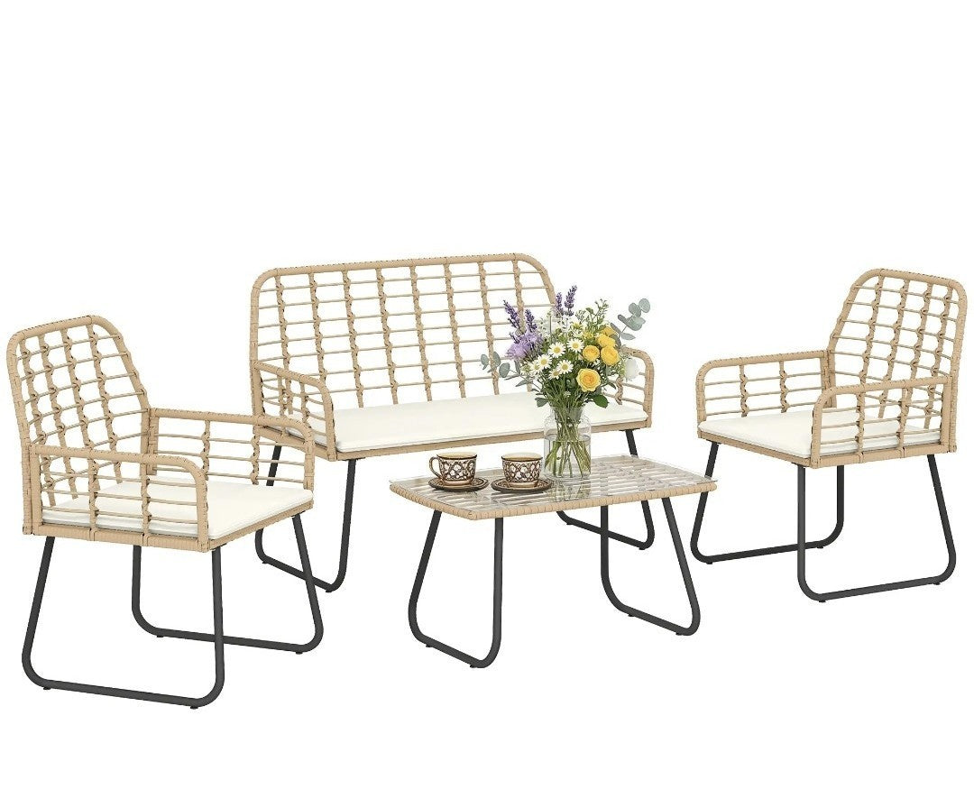 4-Piece Rattan Garden Set | Loveseat, Armchairs & Coffee Table | Natural Wood