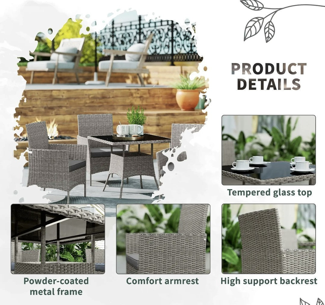 5-Piece Rattan Garden Dining Set with Cushions – Light Grey