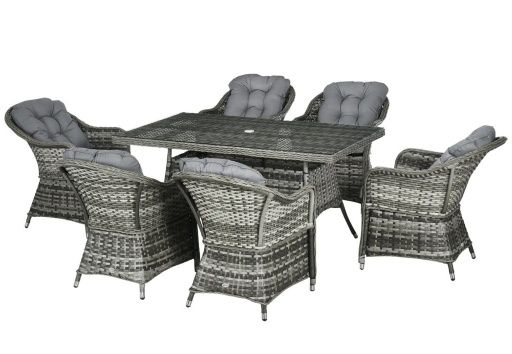 7-Piece Rattan Garden Dining Set with Glass Table & Parasol Hole – Grey
