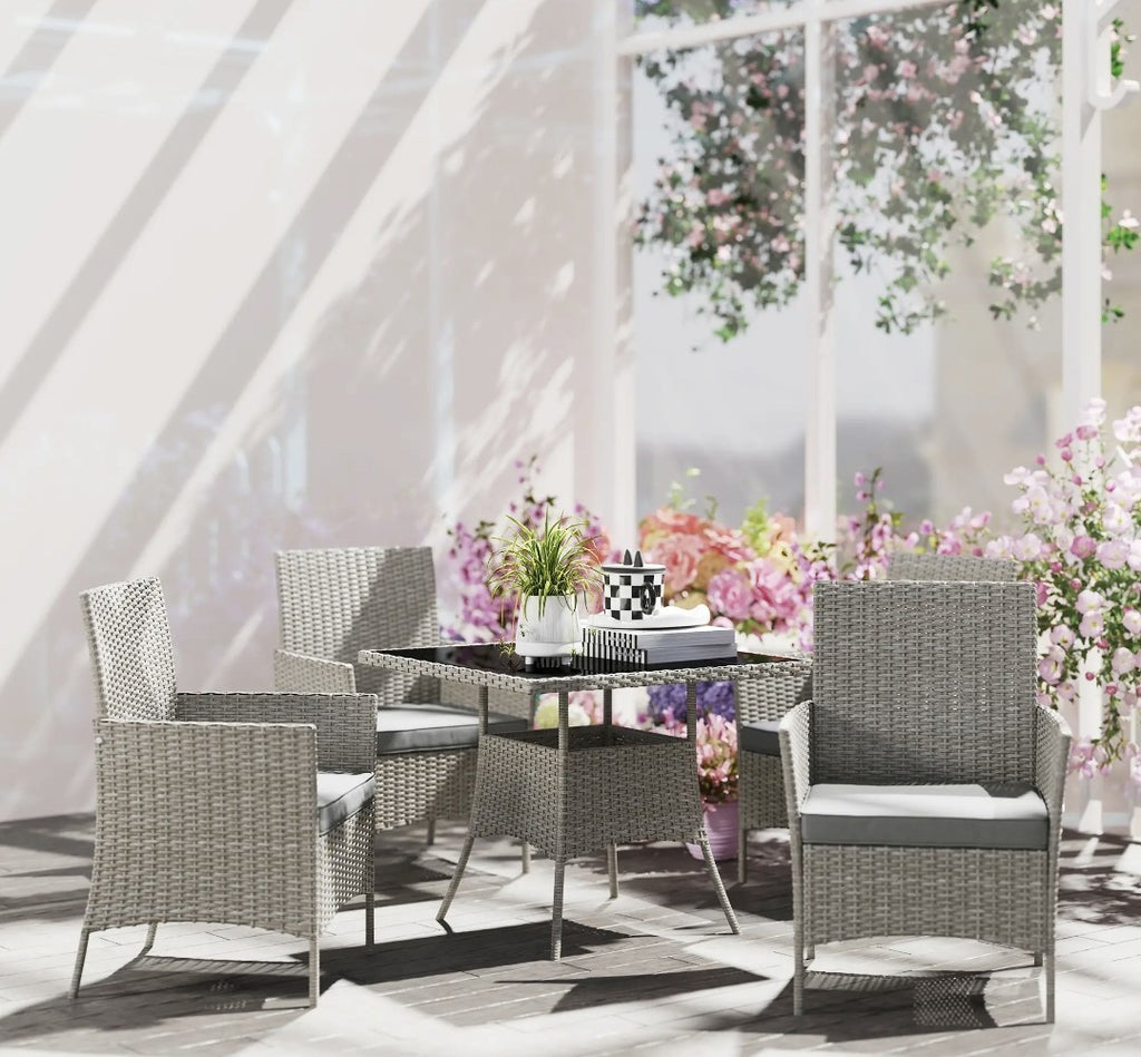 5-Piece Rattan Garden Dining Set with Cushions – Light Grey