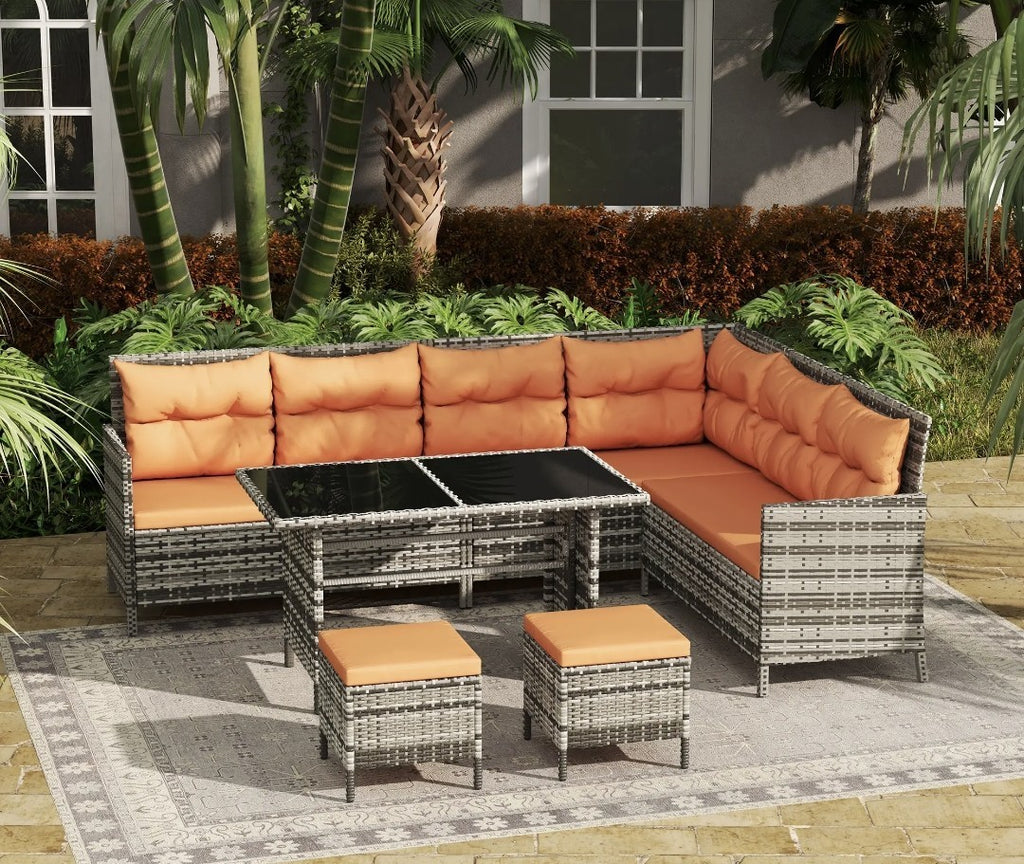 7-Seater Rattan Garden Sofa Set with Glass Table – Orange Cushions