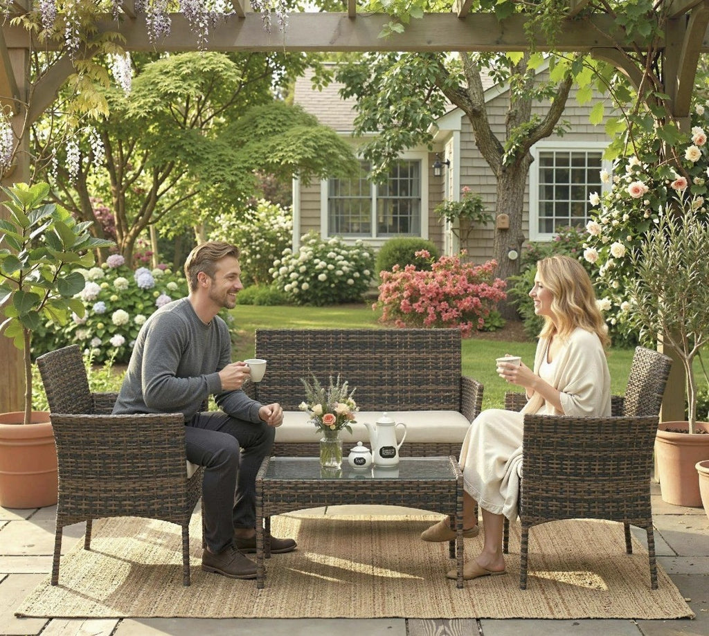 4-Piece Rattan Garden Sofa Set with Beige Cushions | Brown PE Rattan