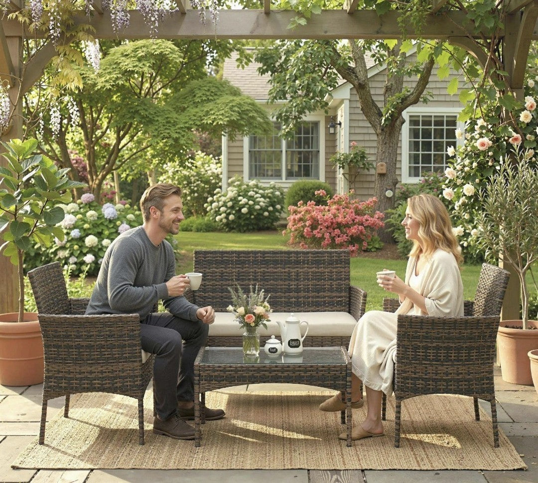 4-Piece Rattan Garden Sofa Set with Beige Cushions | Brown PE Rattan