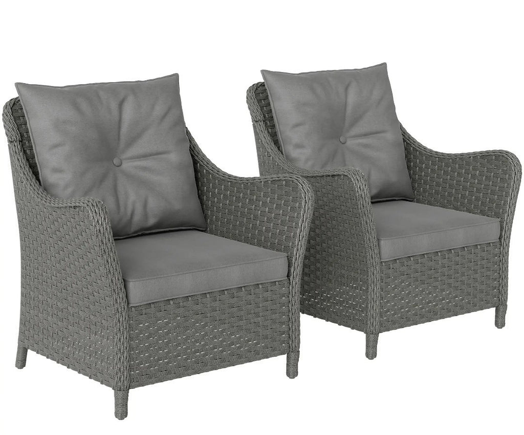 2 High-Back Rattan Garden Armchairs | PE Wicker, Steel Frame & Cushions | Dark Grey