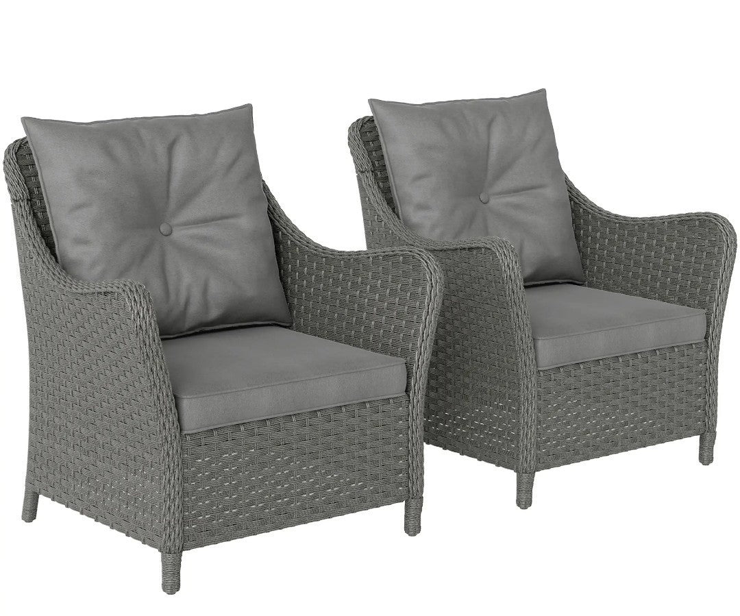 2 High-Back Rattan Garden Armchairs | PE Wicker, Steel Frame & Cushions | Dark Grey