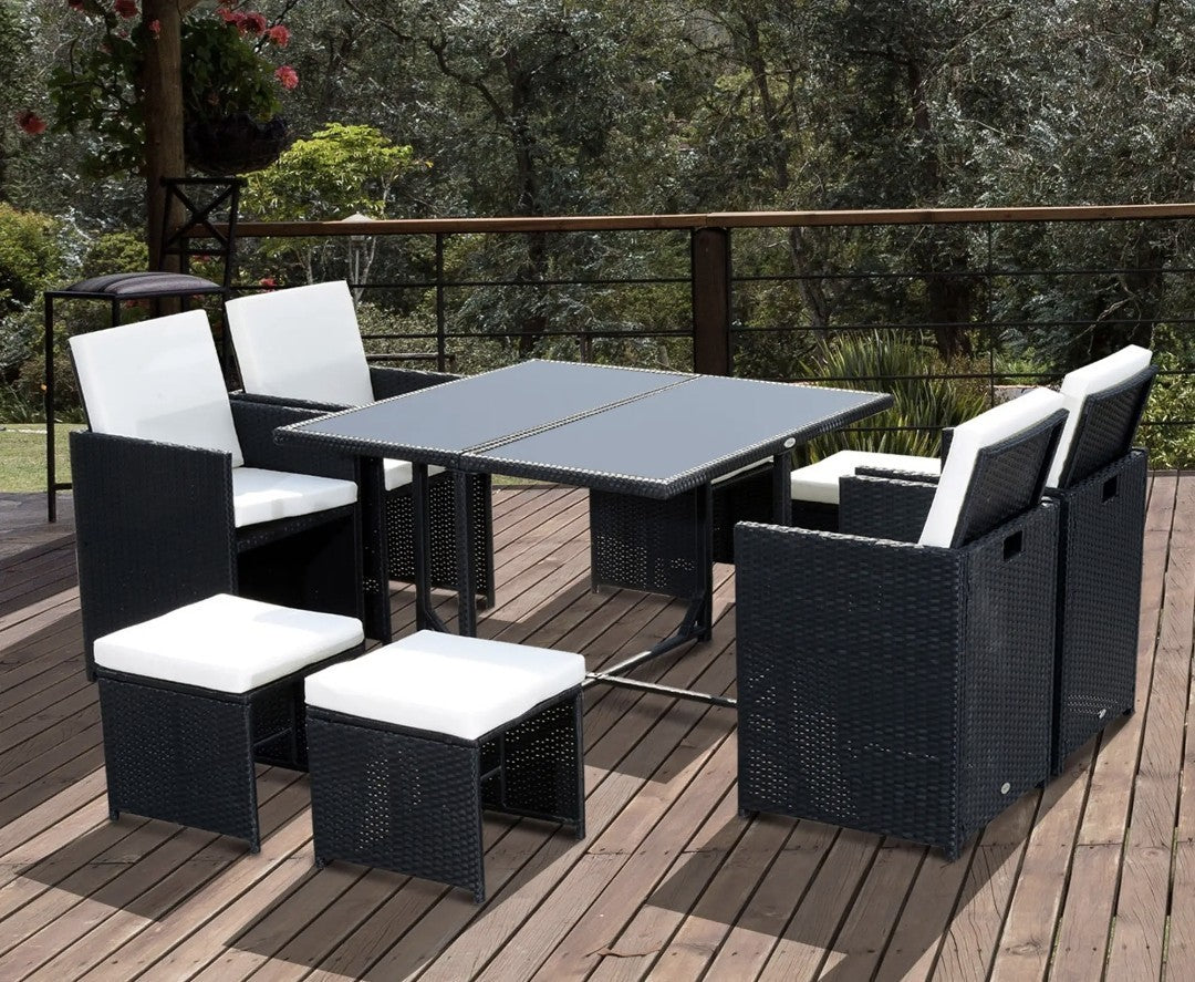 9-Piece Rattan Garden Dining Set | Armchairs, Footstools & Table | Black