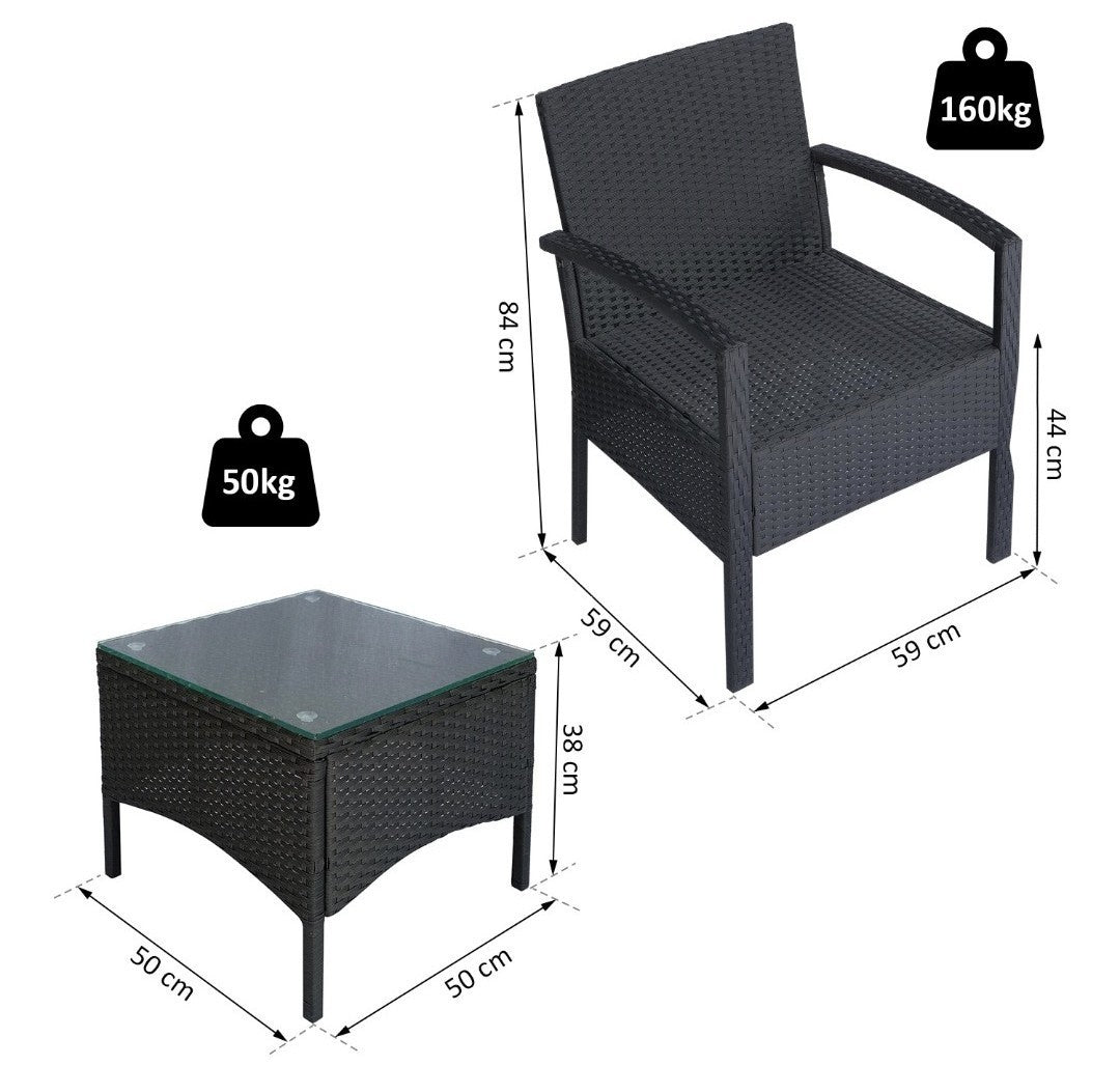 2-Seater Rattan Bistro Set with Table & Cushions | Black