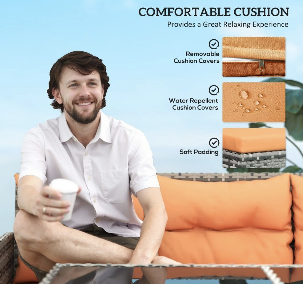 7-Seater Rattan Garden Sofa Set with Glass Table – Orange Cushions