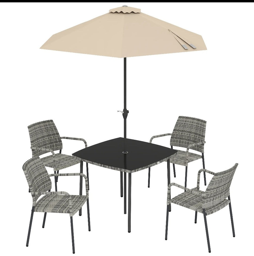 4-Seater Rattan Dining Set with Parasol – 6 Piece, Grey | Stackable Chairs