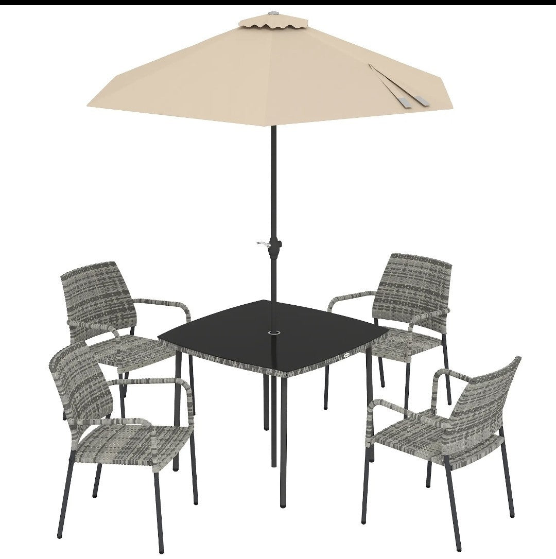 4-Seater Rattan Dining Set with Parasol – 6 Piece, Grey | Stackable Chairs