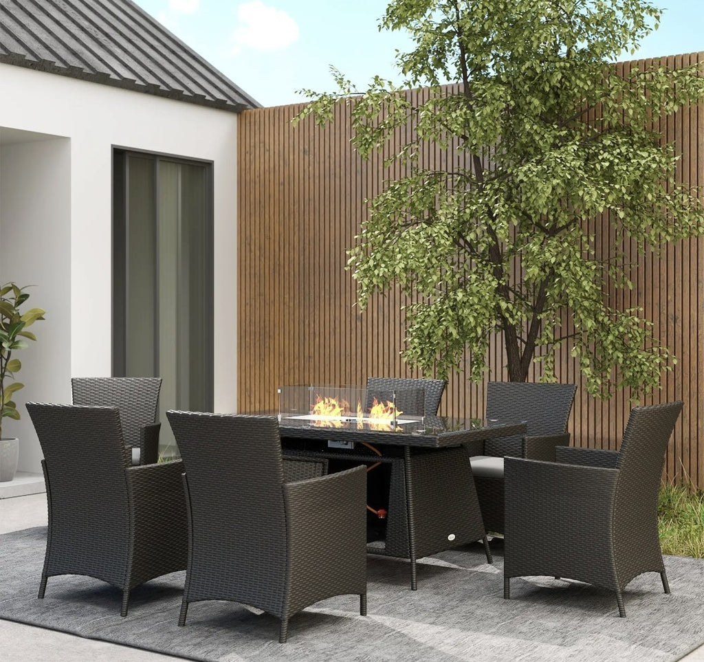 6-Seater Rattan Garden Set with Gas Fire Pit Table – 7 Piece, Black & Grey