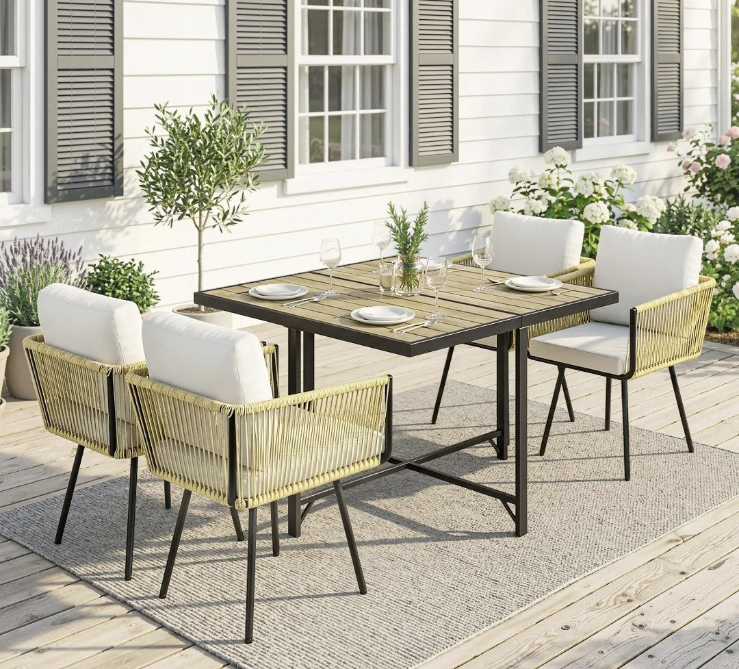 5-Piece Garden Dining Set with Armchairs – Beige | FSC Certified Metal & Wood-Plastic