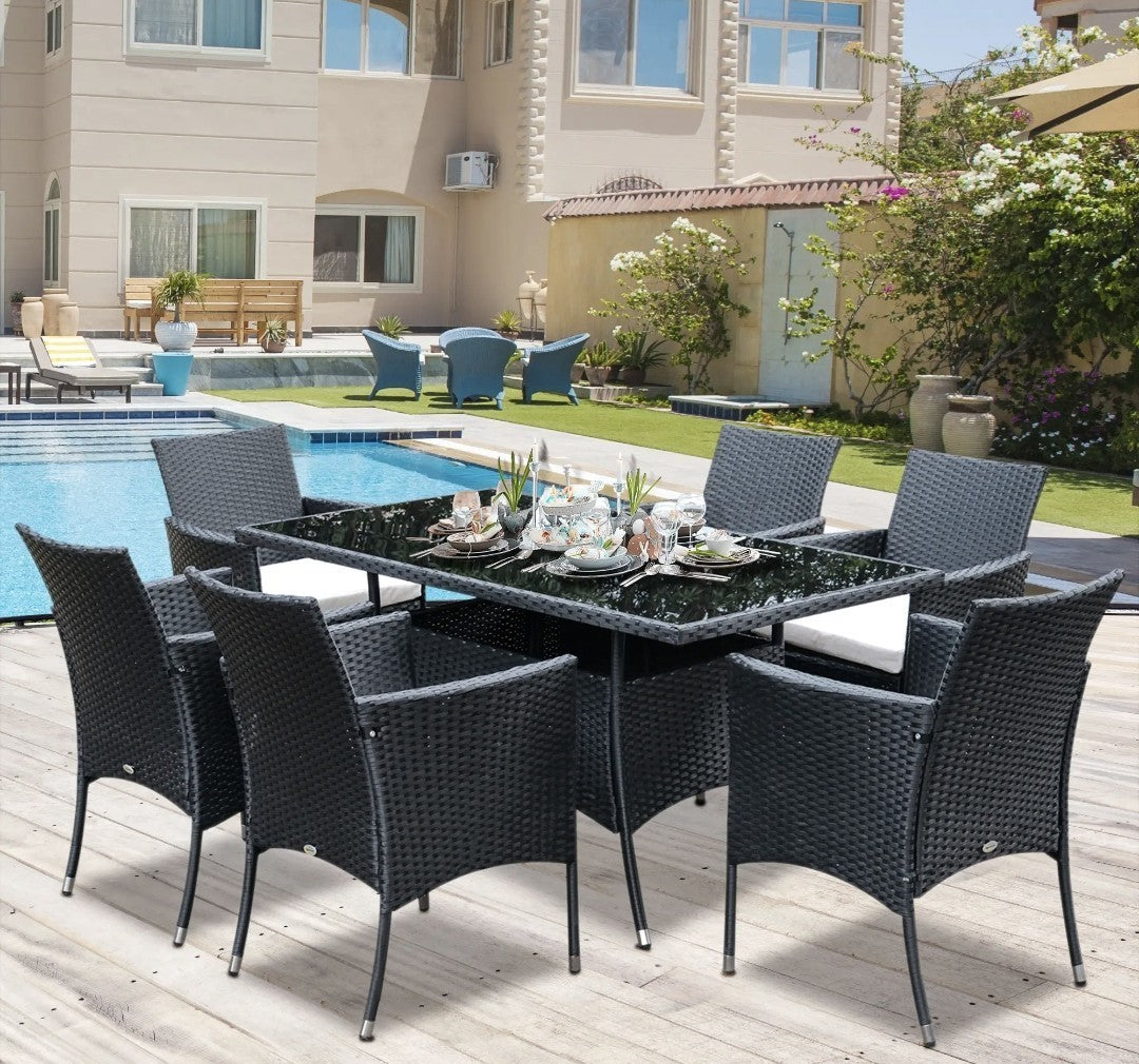 7-Piece Rattan Garden Dining Set with Cushions – Black