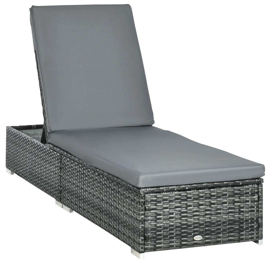 PE Rattan Sun Lounger – Light Grey | 5-Position Adjustable Recliner with Cushion