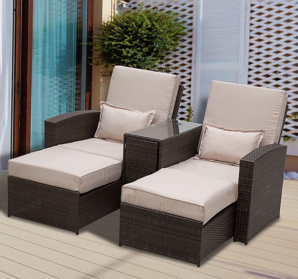 2-Seater Rattan Sofa Lounger Set – Brown & Beige | 5-Position Recliner