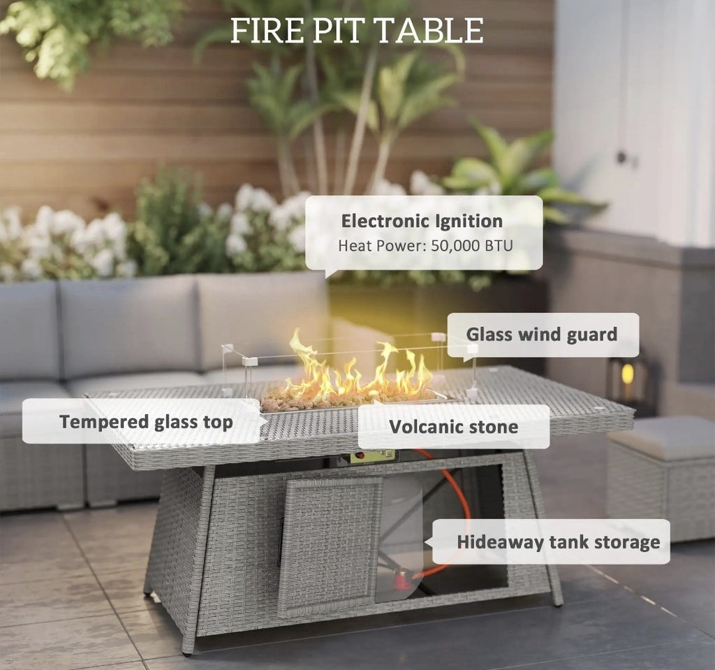 7-Piece Rattan Garden Sofa Set with Fire Pit Table & Cushions | Grey