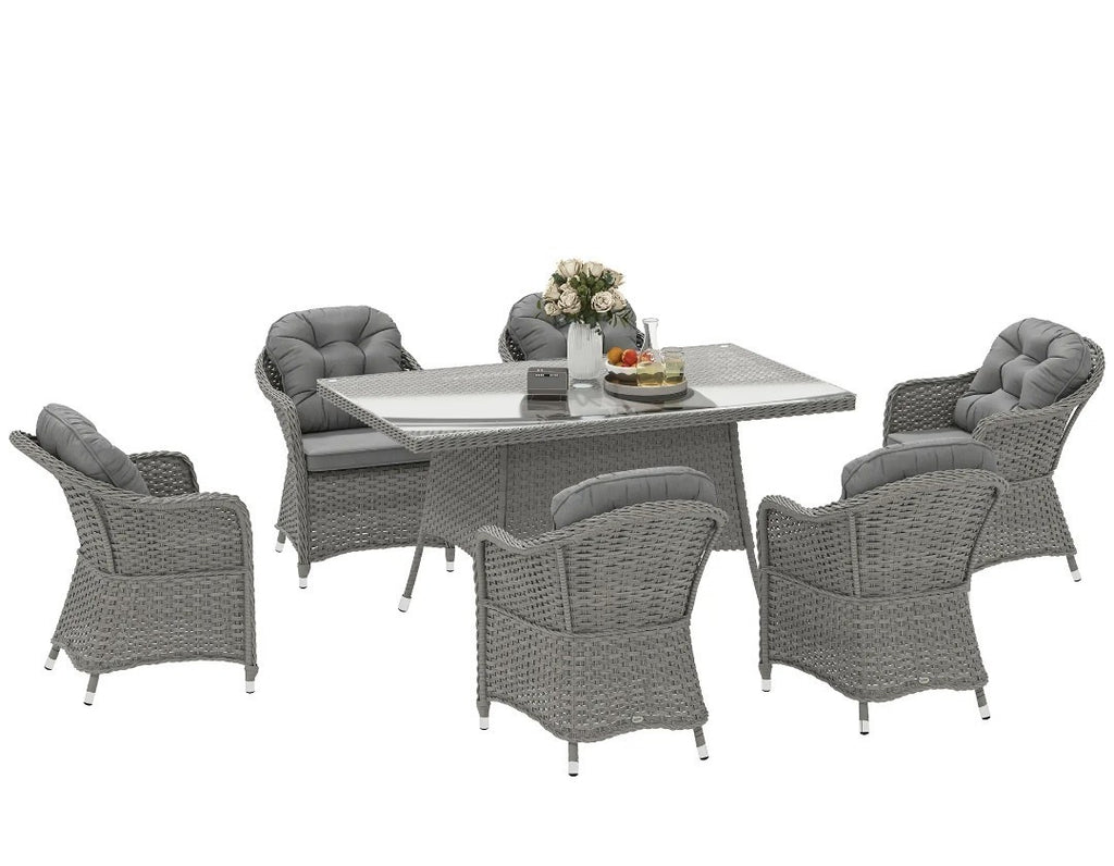 7-Piece Rattan Garden Dining Set – Light Grey | 6-Seater with Tempered Glass & Parasol Hole