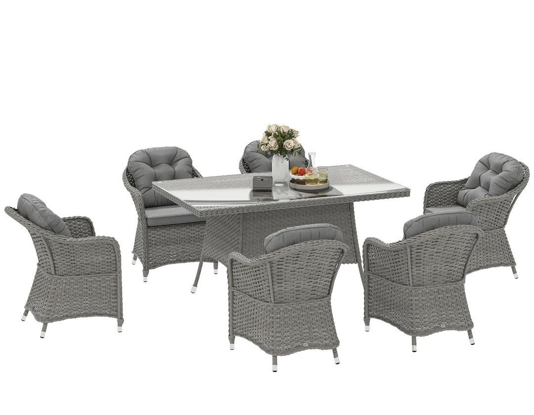 7-Piece Rattan Garden Dining Set – Light Grey | 6-Seater with Tempered Glass & Parasol Hole