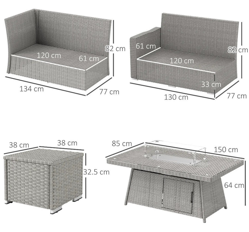 7-Piece Rattan Garden Sofa Set with Fire Pit Table & Cushions | Grey