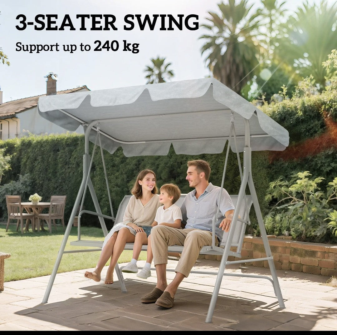 3-Seater Garden Swing Chair with Canopy – Light Grey