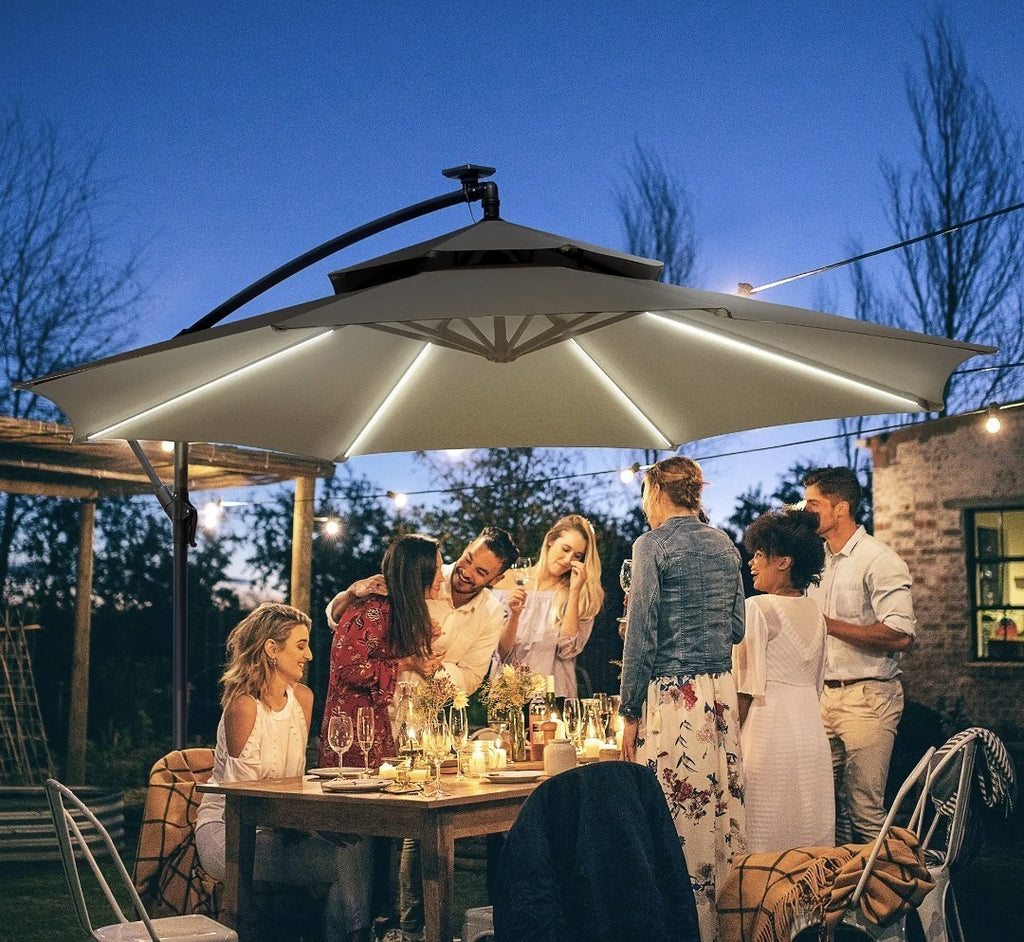 3m Cantilever Garden Parasol with Double Roof & LED Solar Lights – Black
